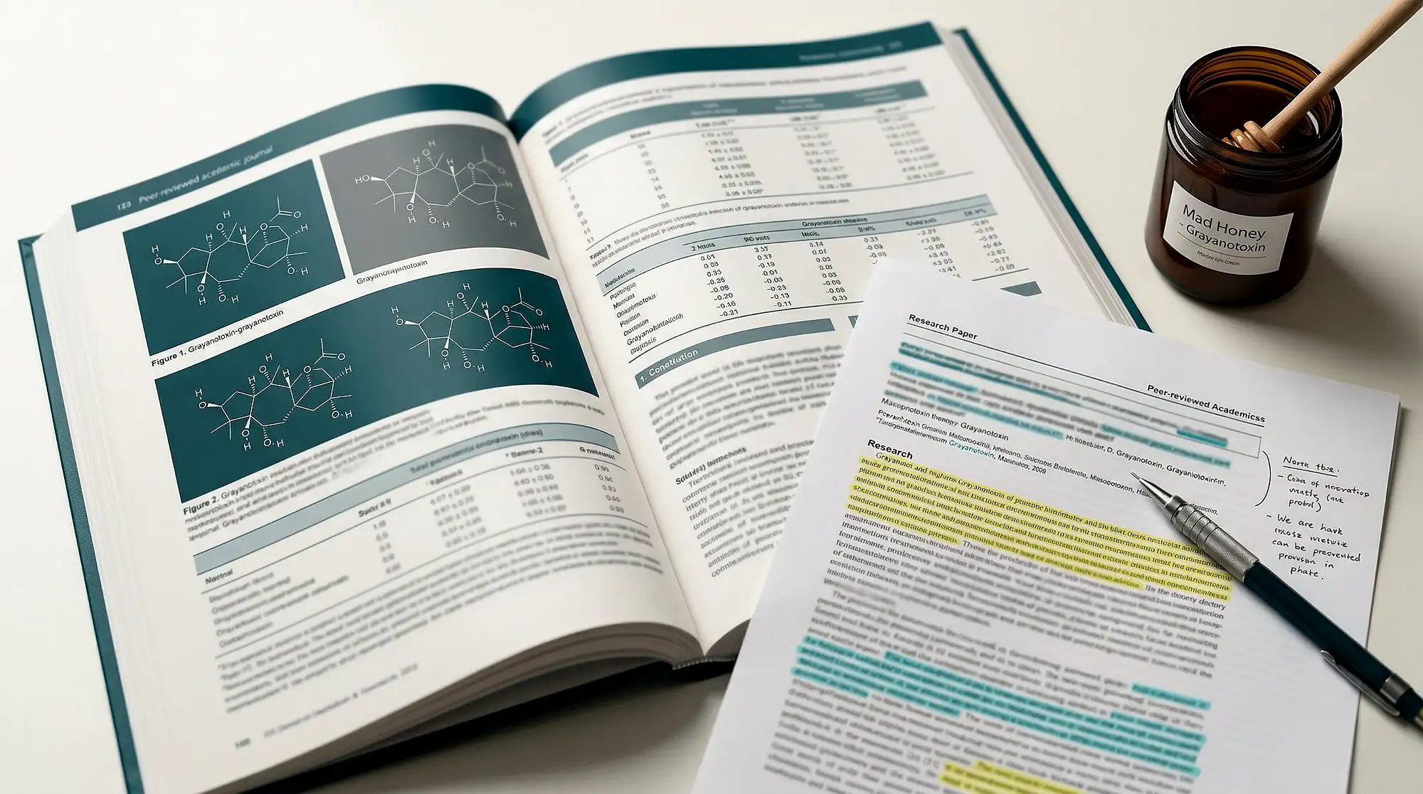 An open peer-reviewed journal showing grayanotoxin molecular structure diagrams and data tables, beside a highlighted research paper with margin notes and a dark amber mad honey sample jar with a honey dipper on a white desk.