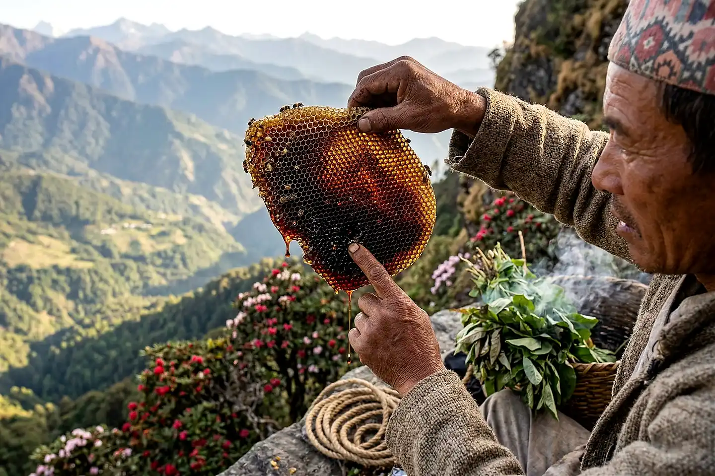 A Gurung honey hunter wearing a traditional Dhaka cap holds up a dark amber honeycomb section to examine its colour and viscosity on a Himalayan cliff ledge, with rhododendron shrubs in bloom, a coiled rope, and a woven basket of herbs beside him, and deep mountain valleys stretching into the mist below.