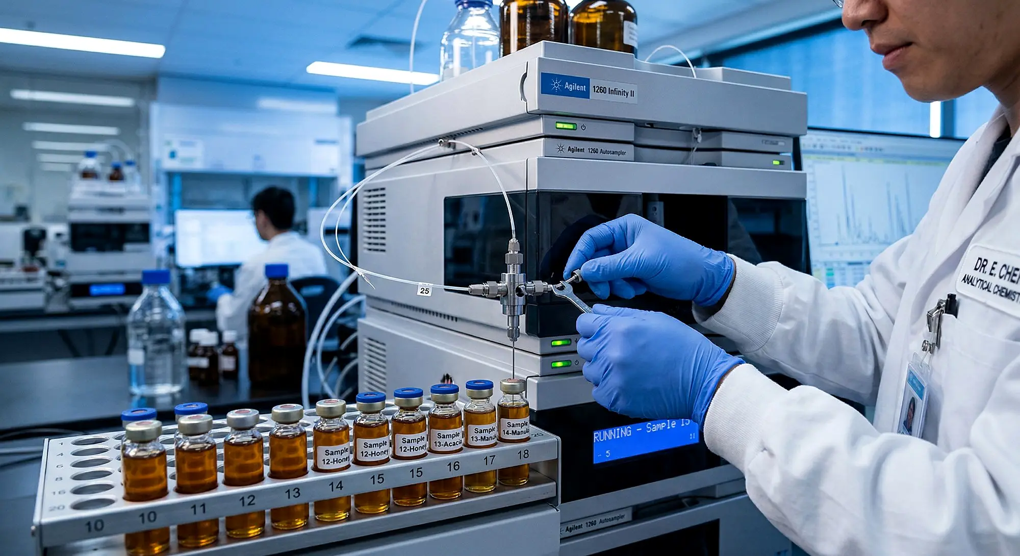 An analytical chemist in blue gloves operates an Agilent HPLC machine while loading amber honey sample vials in a modern laboratory, with a second researcher working in the background.
