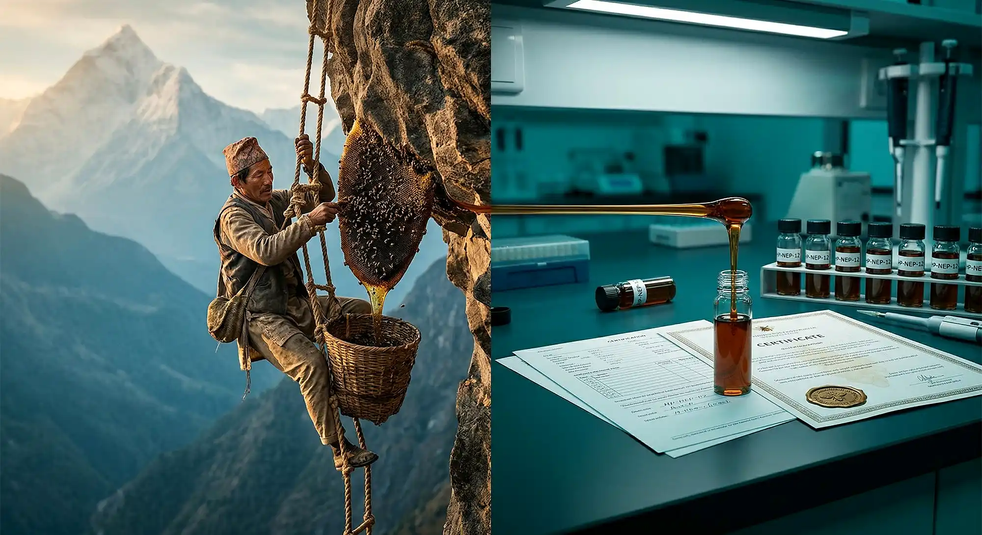 A split image of a Nepali honey hunter harvesting a cliff honeycomb in the Himalayas on the left, and a laboratory bench with labeled sample vials and a gold-sealed certification document on the right.