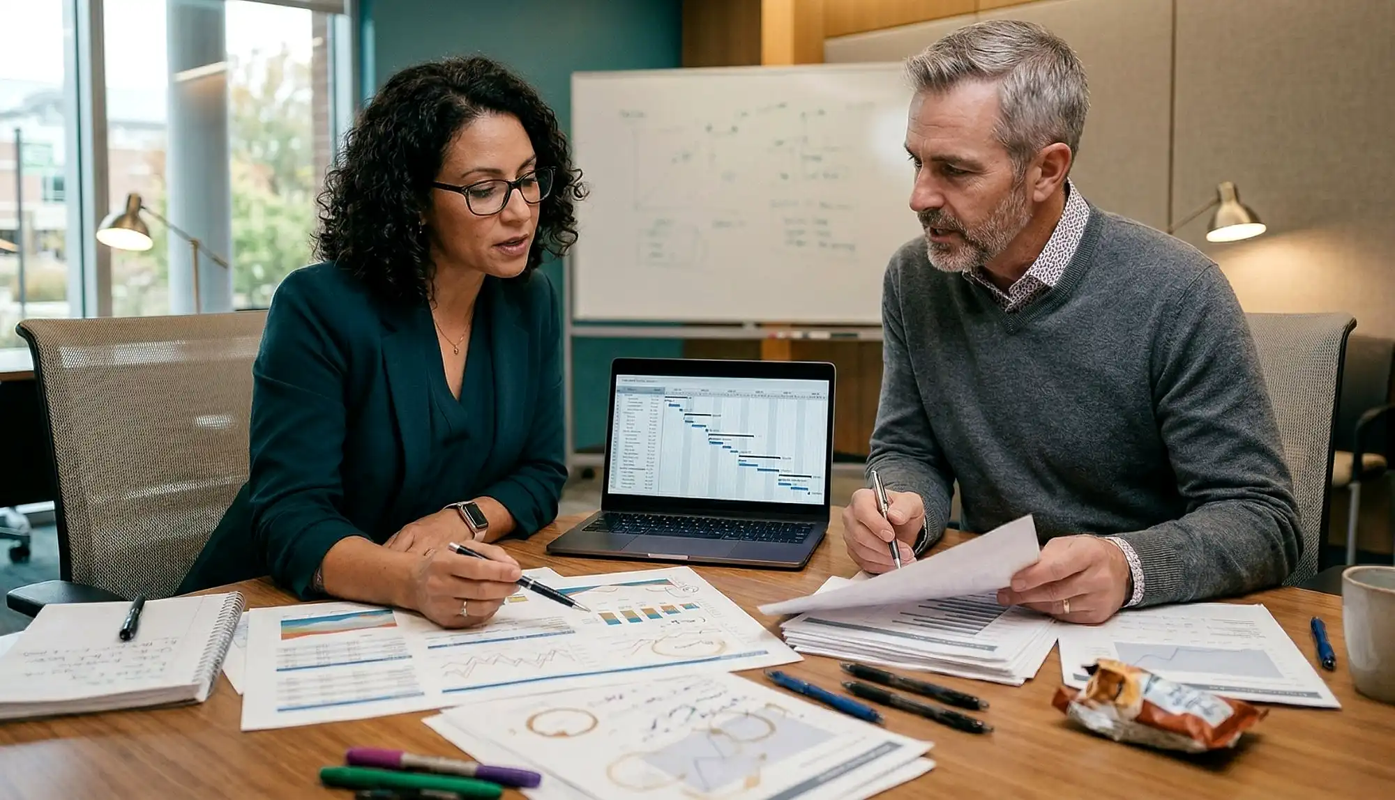 Two researchers review printed charts and a project Gantt chart on a laptop at a meeting table, with a whiteboard and research documents visible in the background.