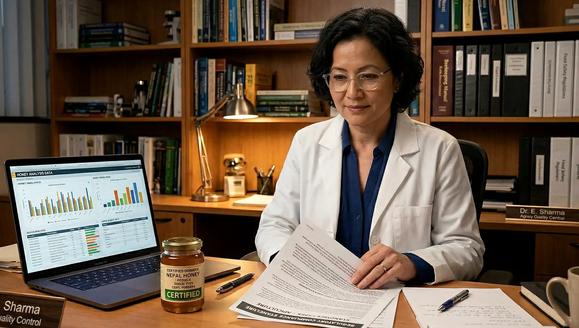 A female scientist in a white lab coat reviews a regulatory compliance document beside a certified Nepal honey jar and a laptop displaying honey analysis charts, with scientific reference books in the background.