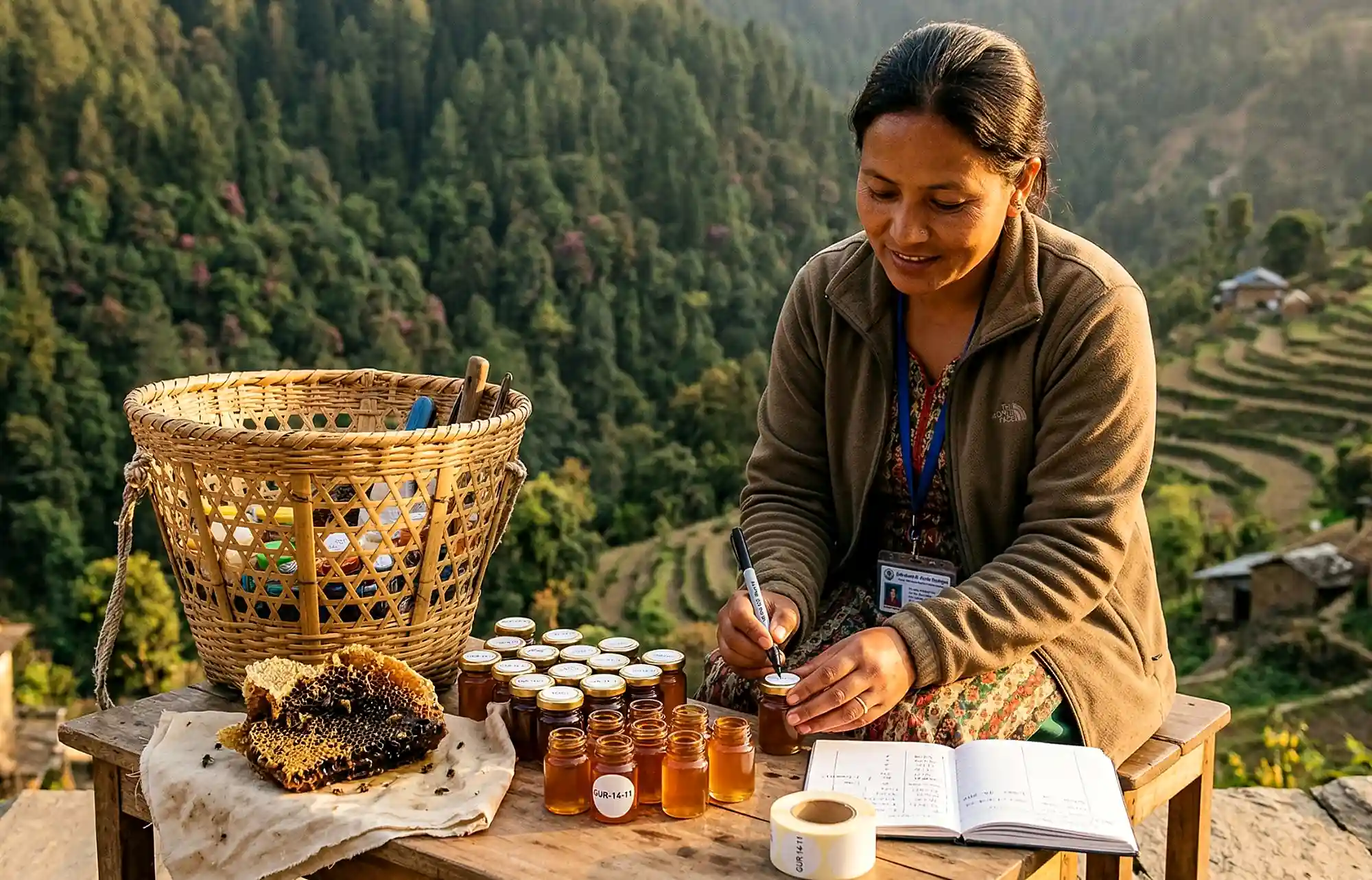A Nepali female field researcher labels honey sample jars at an outdoor wooden table with a woven basket, raw honeycomb, field notebook, and terraced Himalayan hillside in the background.