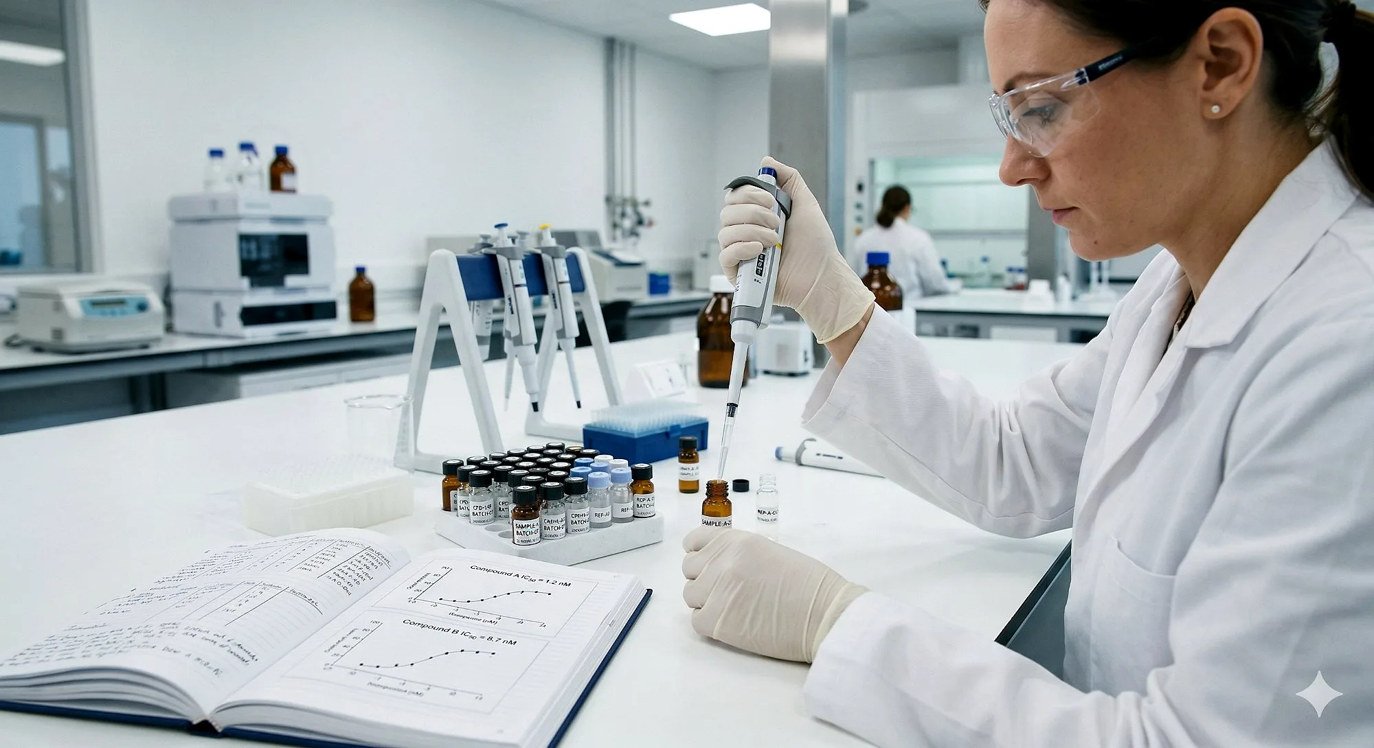A female scientist in a white lab coat and safety glasses uses a precision pipette to handle small labeled sample vials at a laboratory bench, with an open research notebook showing dose-response curve graphs for Compound A and B, and additional lab equipment and a second researcher visible in the background.